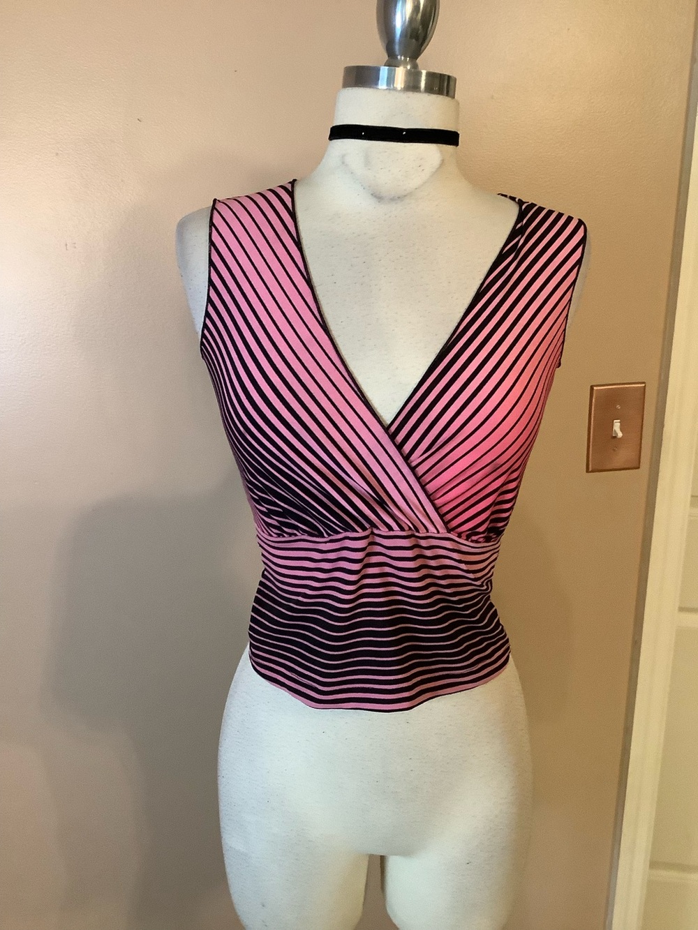 Vintage Y2K retro Pink Black Striped V Neck Tie back Blouse Medium